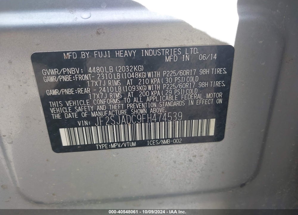 2015 SUBARU FORESTER 2.5I PREMIUM VIN: JF2SJADC9FH474539