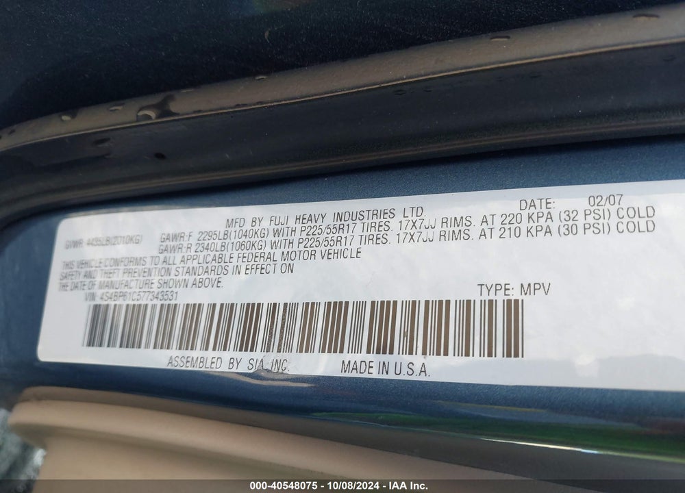 2007 SUBARU OUTBACK 2.5I/2.5I BASIC/2.5I L.L. BEAN EDITION VIN: 4S4BP61C577343531