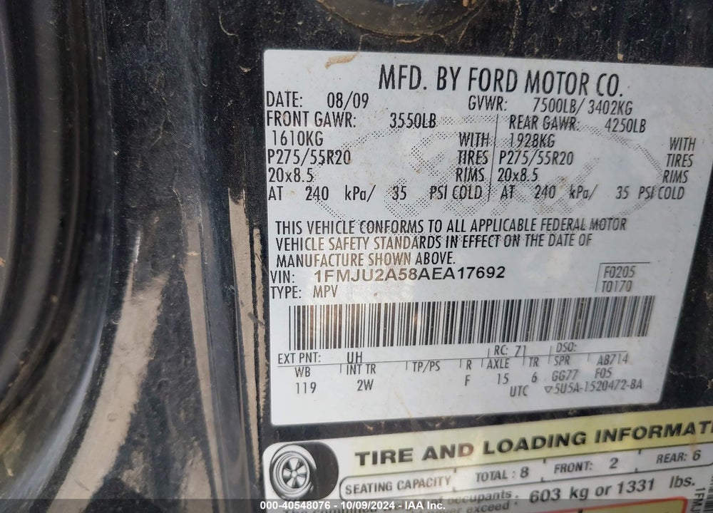 2010 FORD EXPEDITION LIMITED VIN: 1FMJU2A58AEA17692