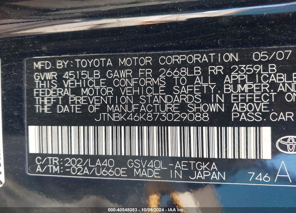 2007 TOYOTA CAMRY XLE V6 VIN: JTNBK46K873029088