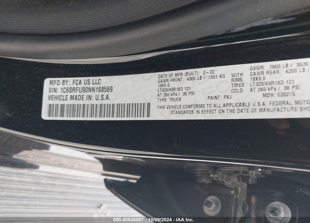 2022 RAM 1500 TRX VIN: 1C6SRFU90NN168569
