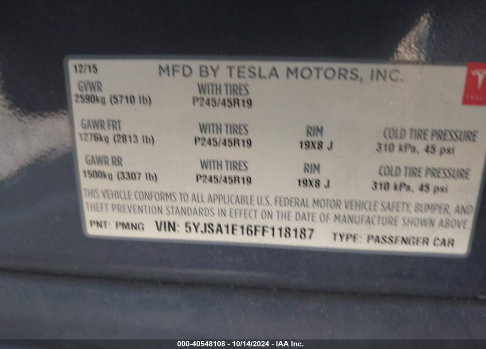 2015 TESLA MODEL S 60/70/85 VIN: 5YJSA1E16FF118187