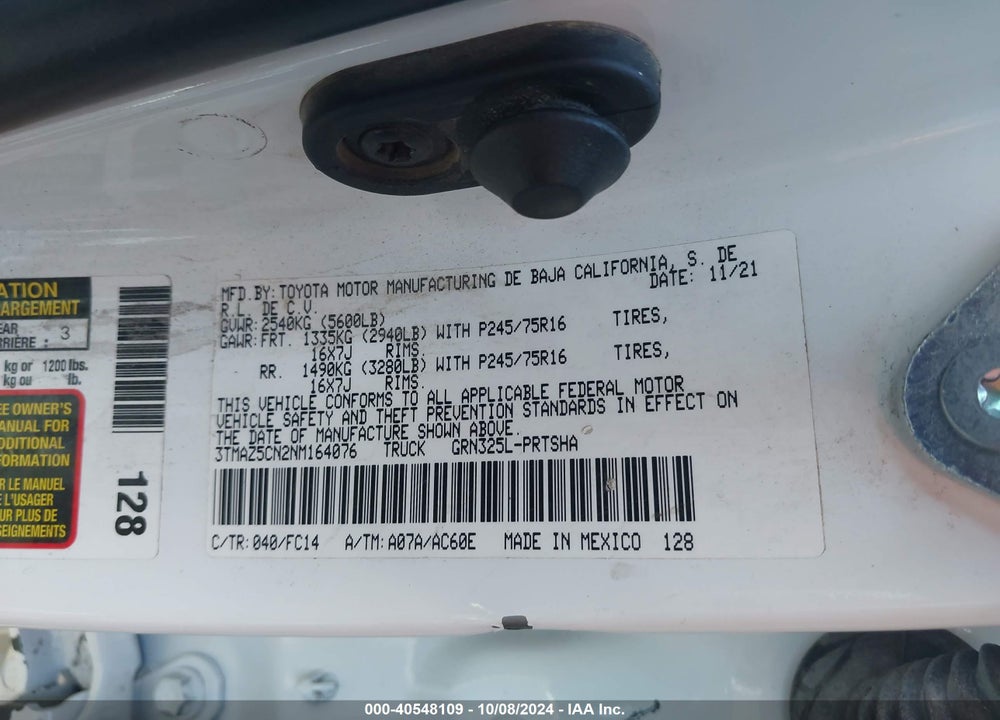 2022 TOYOTA TACOMA SR5 V6 VIN: 3TMAZ5CN2NM164076