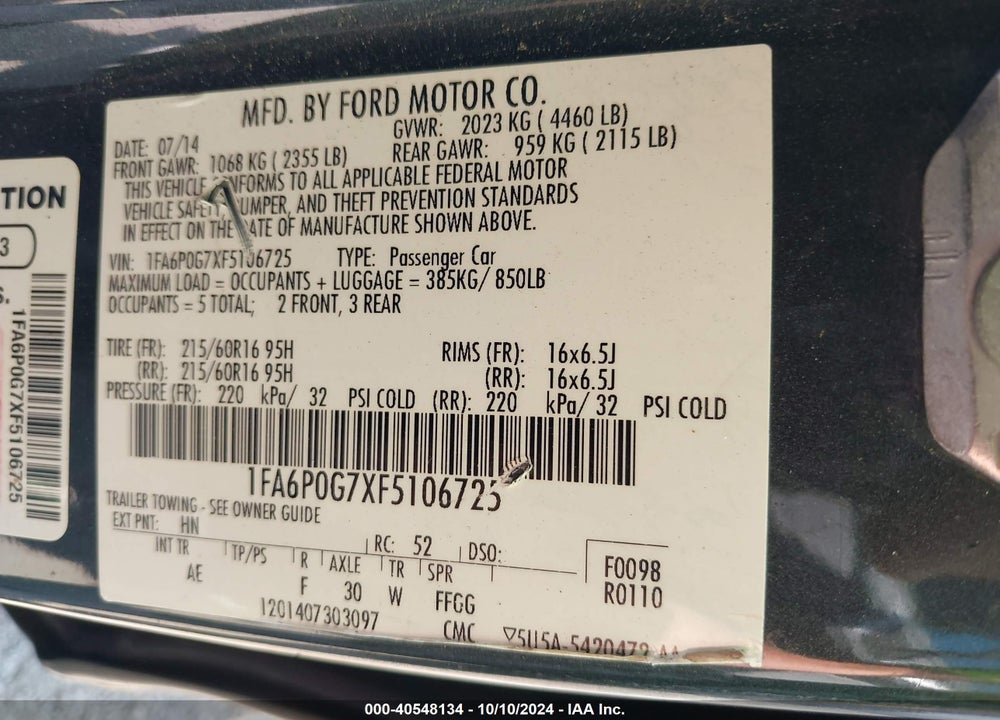2015 FORD FUSION S VIN: 1FA6P0G7XF5106725