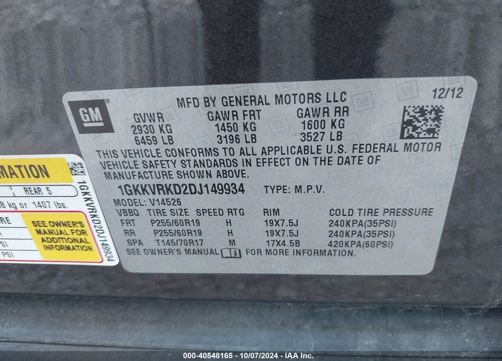 2013 GMC ACADIA SLT-1 VIN: 1GKKVRKD2DJ149934