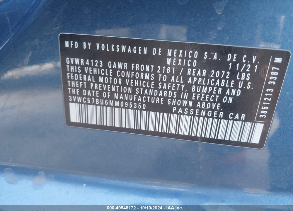 2021 VOLKSWAGEN JETTA VIN: 3VWC57BU6MM095350