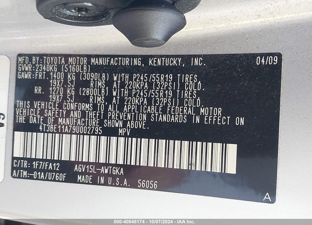2009 TOYOTA VENZA VIN: 4T3BE11A79U002795