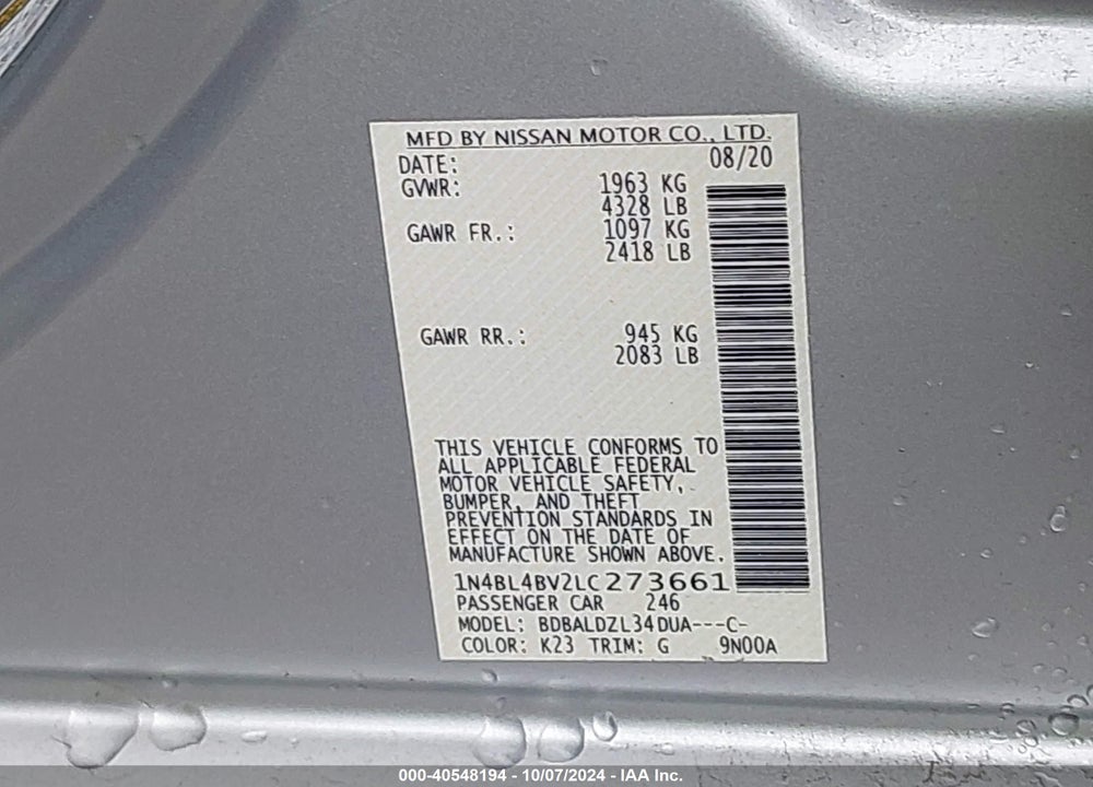2020 NISSAN ALTIMA S FWD VIN: 1N4BL4BV2LC273661