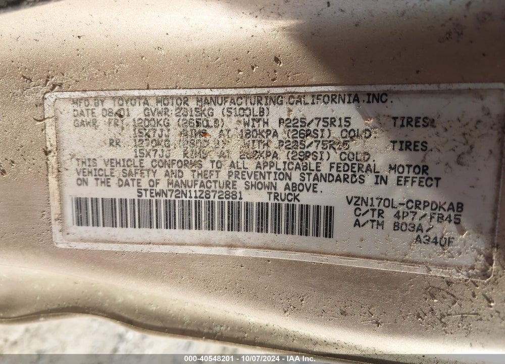 2001 TOYOTA TACOMA BASE V6 VIN: 5TEWN72N11Z872881