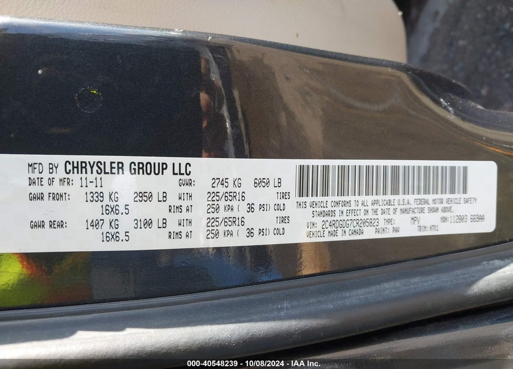 2012 DODGE GRAND CARAVAN CREW VIN: 2C4RDGDG7CR205823