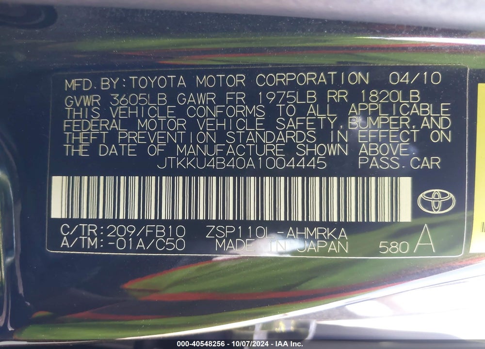 2010 SCION XD VIN: JTKKU4B40A1004445