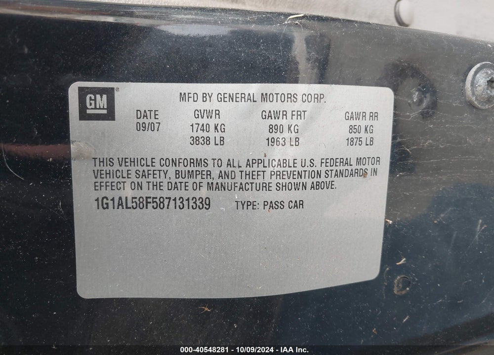 2008 CHEVROLET COBALT LT VIN: 1G1AL58F587131339