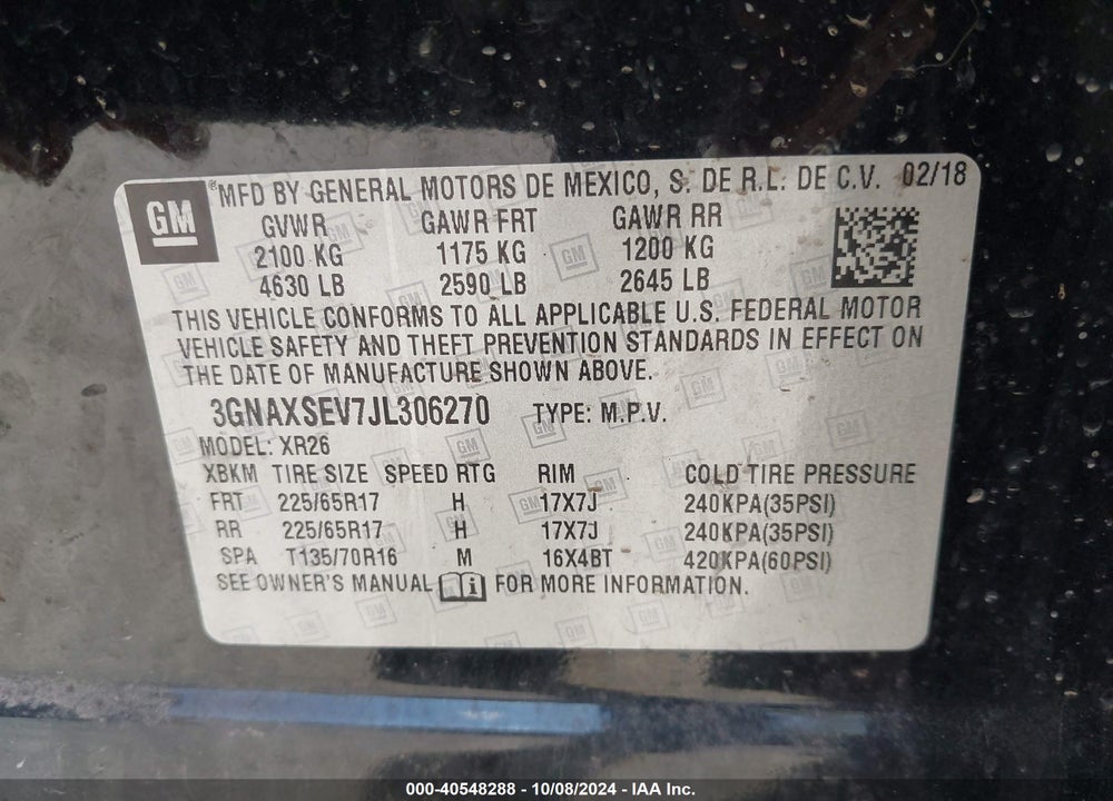 2018 CHEVROLET EQUINOX LT VIN: 3GNAXSEV7JL306270
