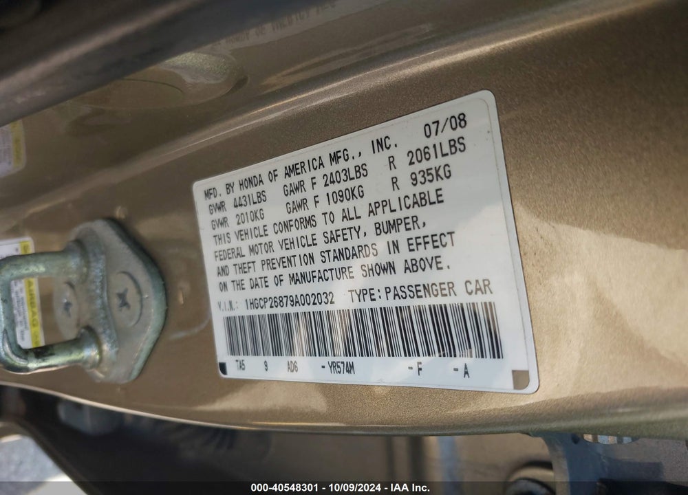 2009 HONDA ACCORD 2.4 EX-L VIN: 1HGCP26879A002032
