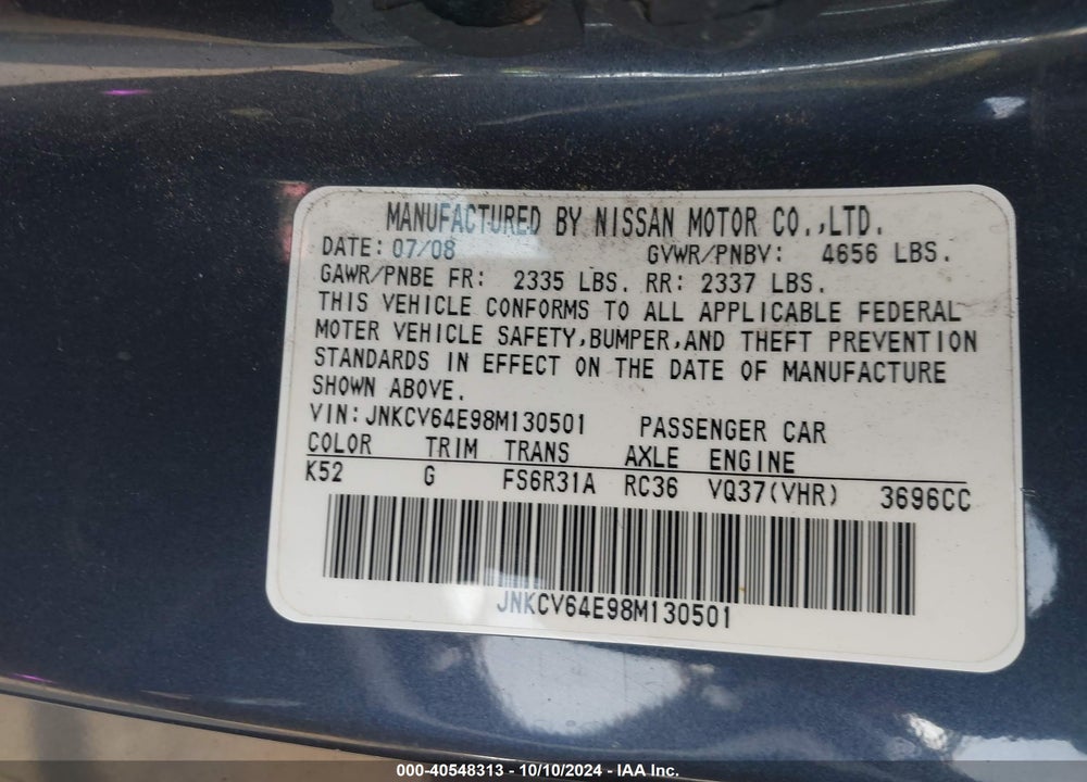 2008 INFINITI G37 SPORT VIN: JNKCV64E98M130501