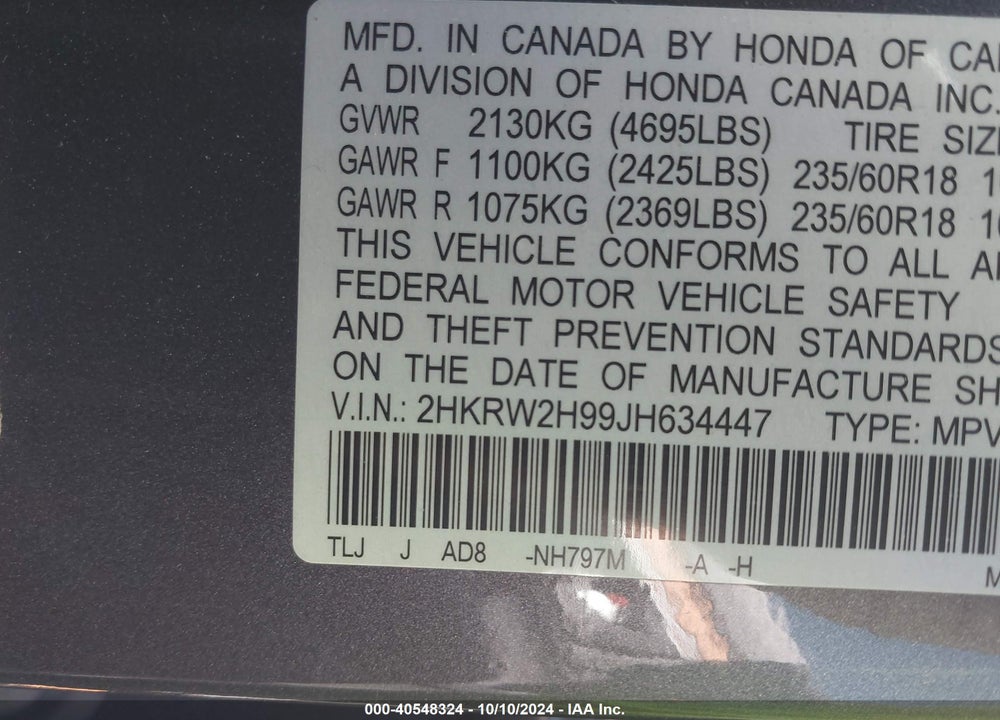 2018 HONDA CR-V TOURING VIN: 2HKRW2H99JH634447