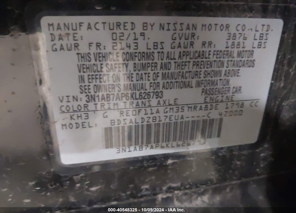 2019 NISSAN SENTRA SV VIN: 3N1AB7AP6KL626793