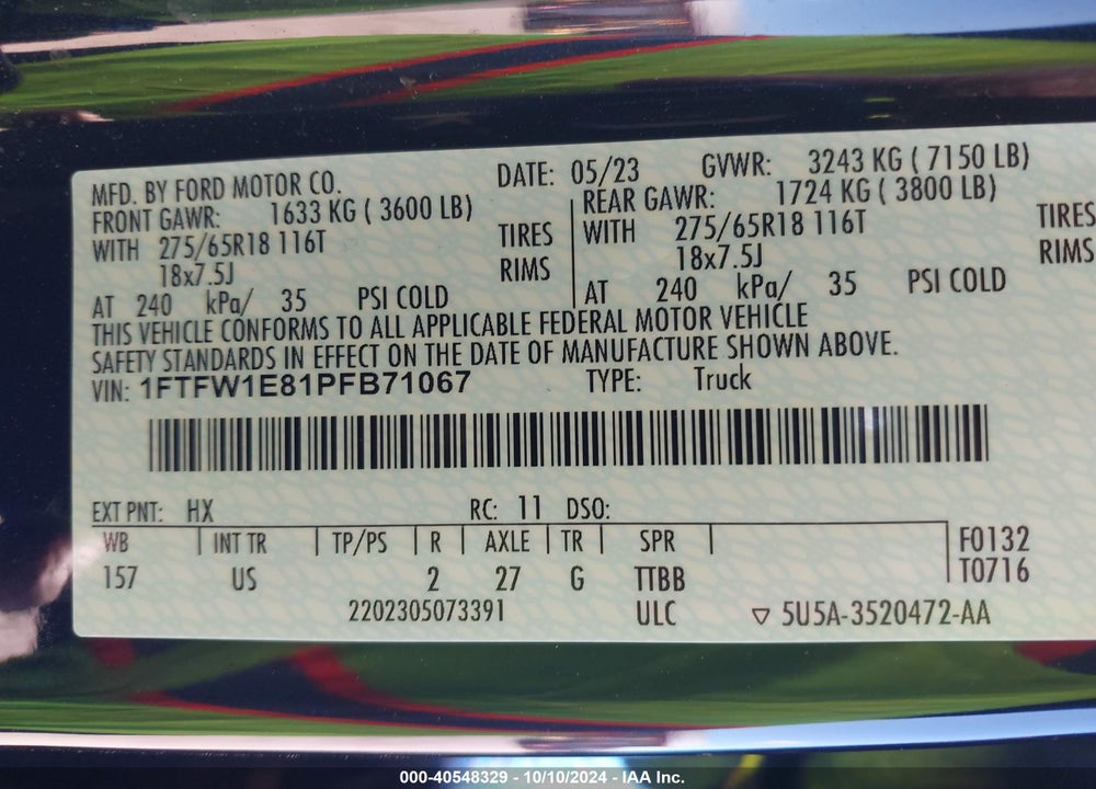 2023 FORD F-150 XLT VIN: 1FTFW1E81PFB71067