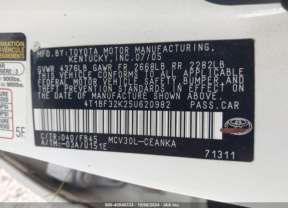 2005 TOYOTA CAMRY LE V6 VIN: 4T1BF32K25U620982