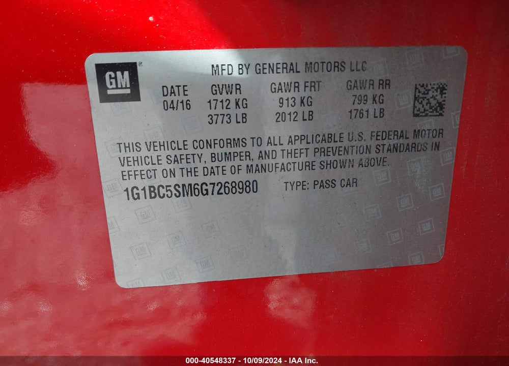 2016 CHEVROLET CRUZE LS AUTO VIN: 1G1BC5SM6G7268980