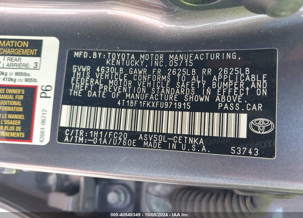 2015 TOYOTA CAMRY LE VIN: 4T1BF1FKXFU971915
