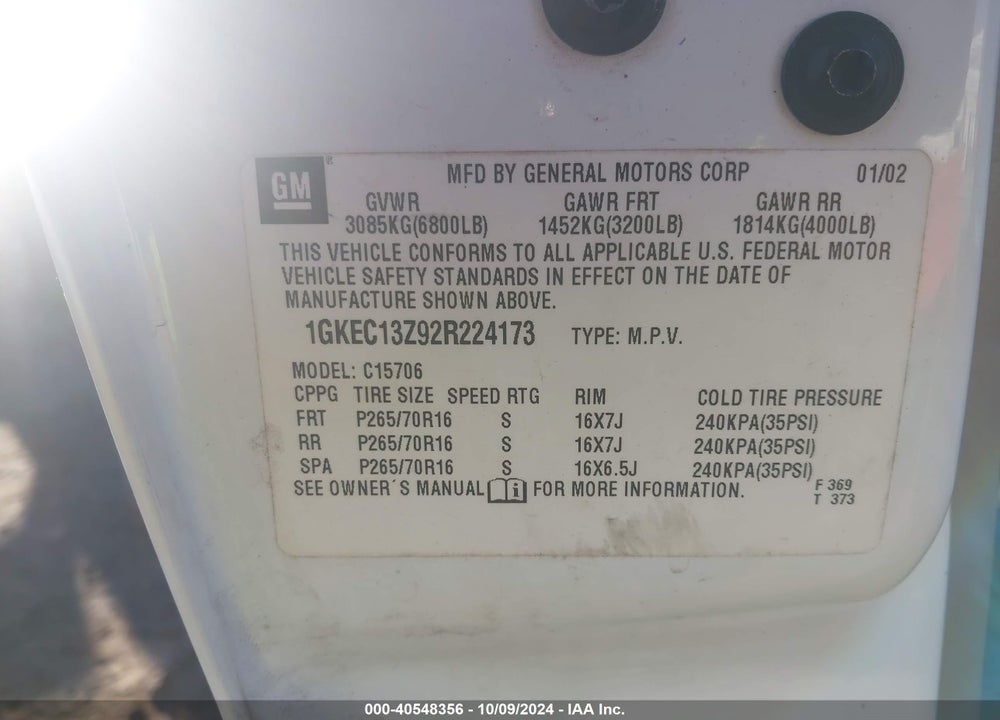 2002 GMC YUKON SLT VIN: 1GKEC13Z92R224173
