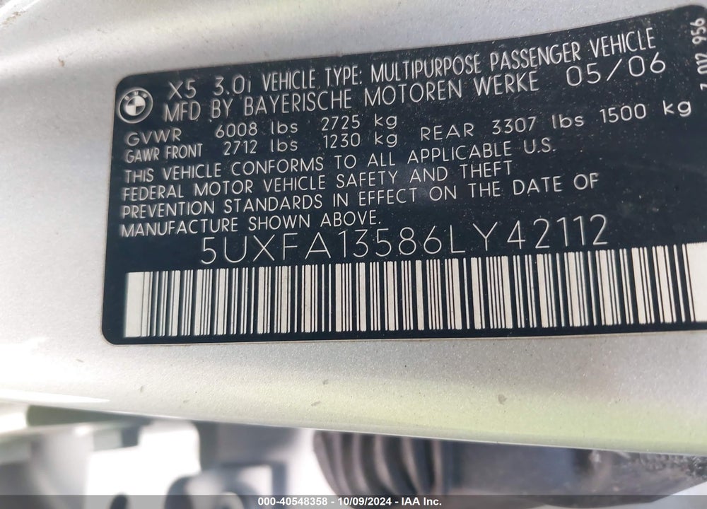 2006 BMW X5 3.0I VIN: 5UXFA13586LY42112