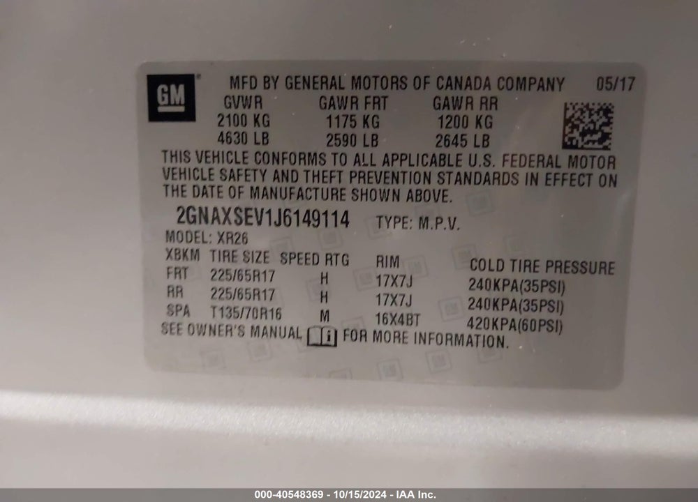 2018 CHEVROLET EQUINOX LT VIN: 2GNAXSEV1J6149114