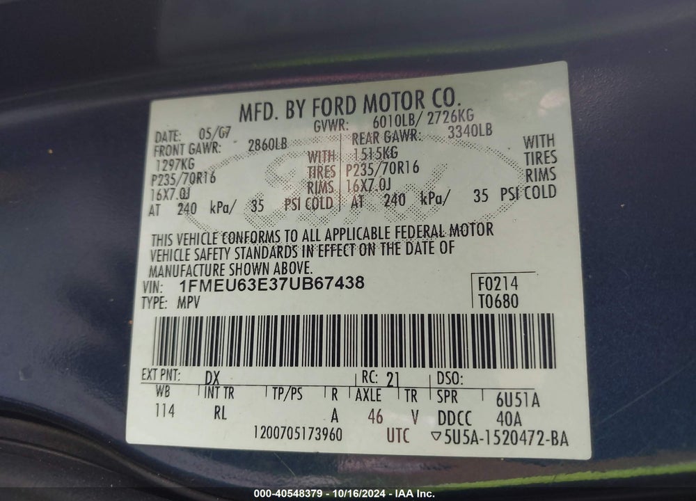 2007 FORD EXPLORER XLT VIN: 1FMEU63E37UB67438