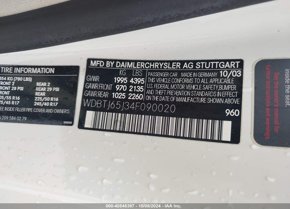2004 MERCEDES-BENZ CLK 320 VIN: WDBTJ65J34F090020