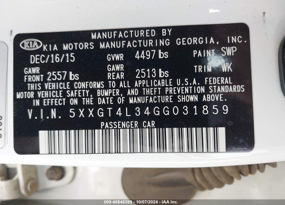 2016 KIA OPTIMA LX VIN: 5XXGT4L34GG031859