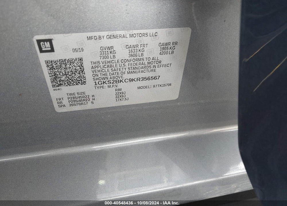 2019 GMC YUKON SLT VIN: 1GKS2BKC9KR356567