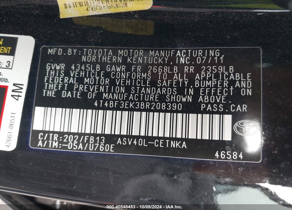 2011 TOYOTA CAMRY LE VIN: 4T4BF3EK3BR208390
