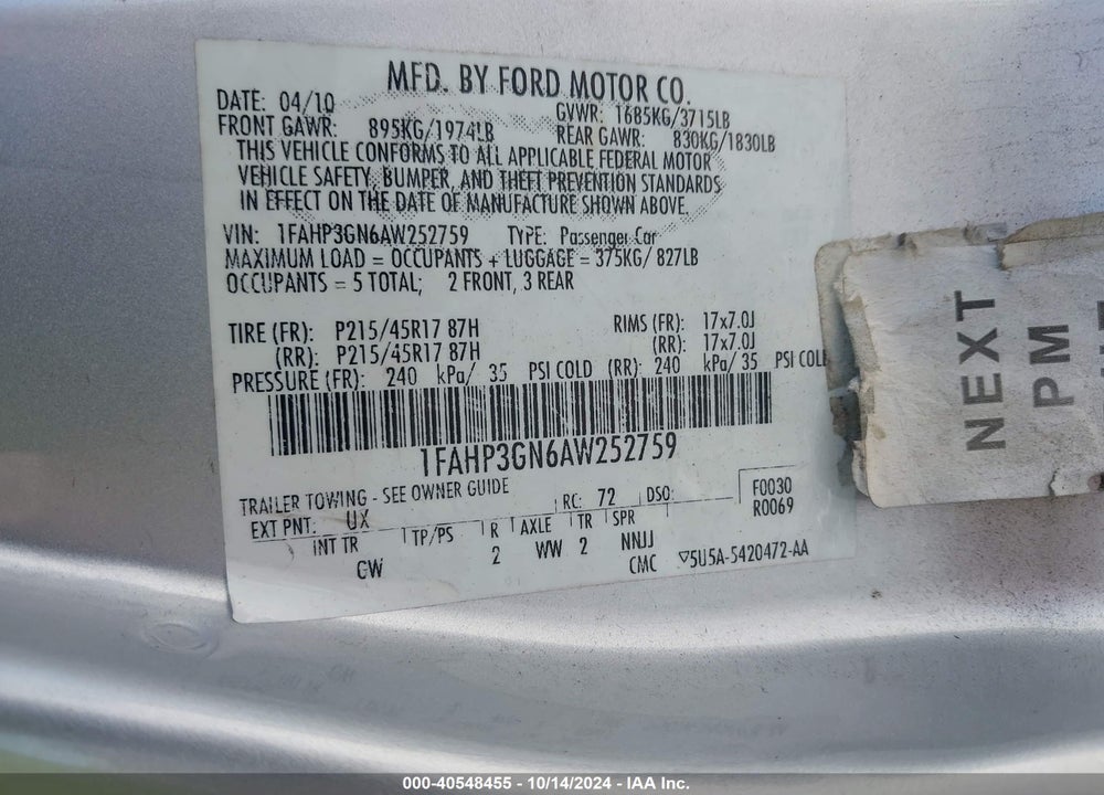 2010 FORD FOCUS SES VIN: 1FAHP3GN6AW252759