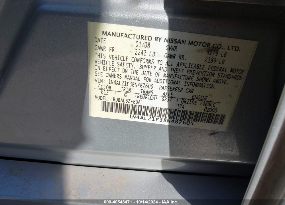 2008 NISSAN ALTIMA 2.5 S VIN: 1N4AL21E38N487605