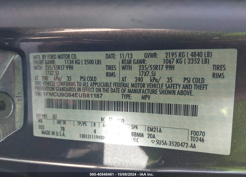 2014 FORD ESCAPE SE VIN: 1FMCU9G94EUB81187