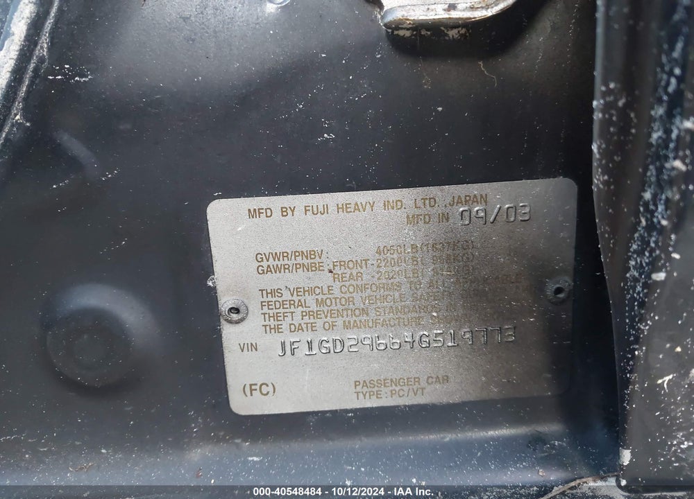 2004 SUBARU IMPREZA WRX VIN: JF1GD29664G519773