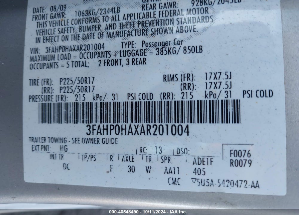 2010 FORD FUSION SE VIN: 3FAHP0HAXAR201004