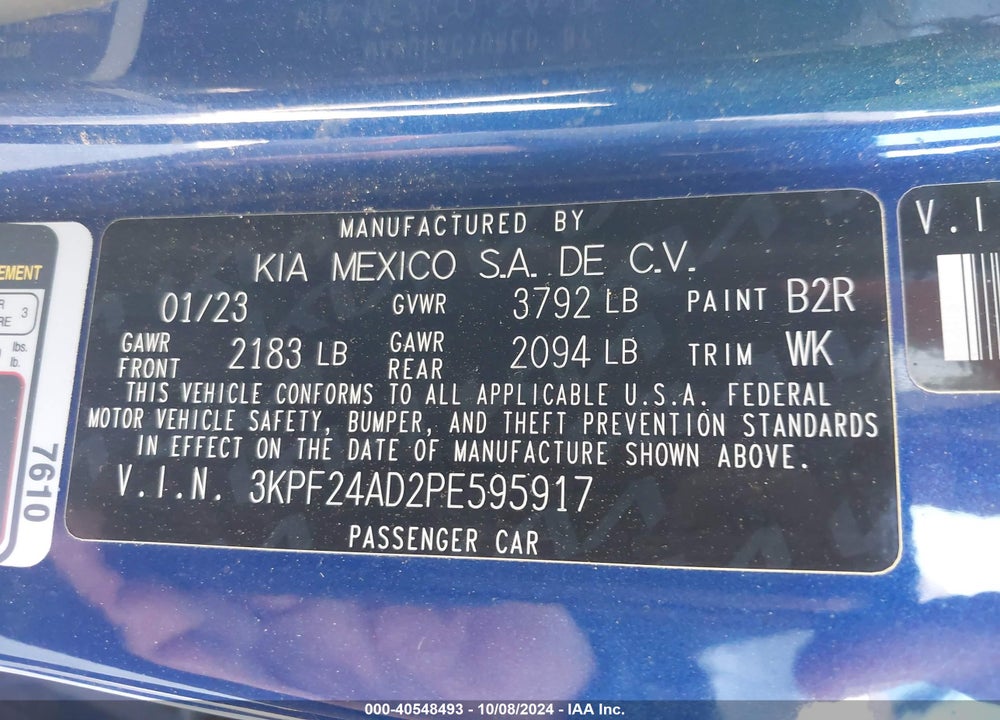 2023 KIA FORTE LXS VIN: 3KPF24AD2PE595917