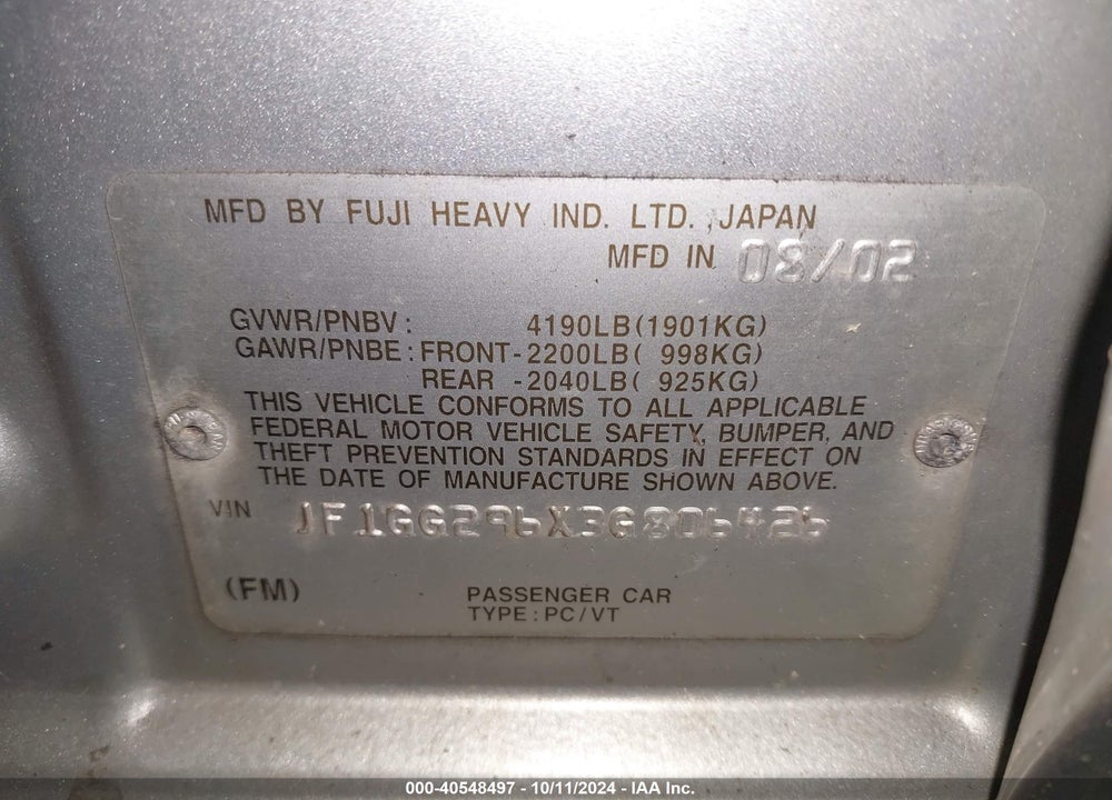 2003 SUBARU IMPREZA WRX VIN: JF1GG296X3G806426