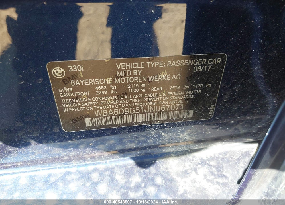 2018 BMW 330I XDRIVE VIN: WBA8D9G51JNU67071