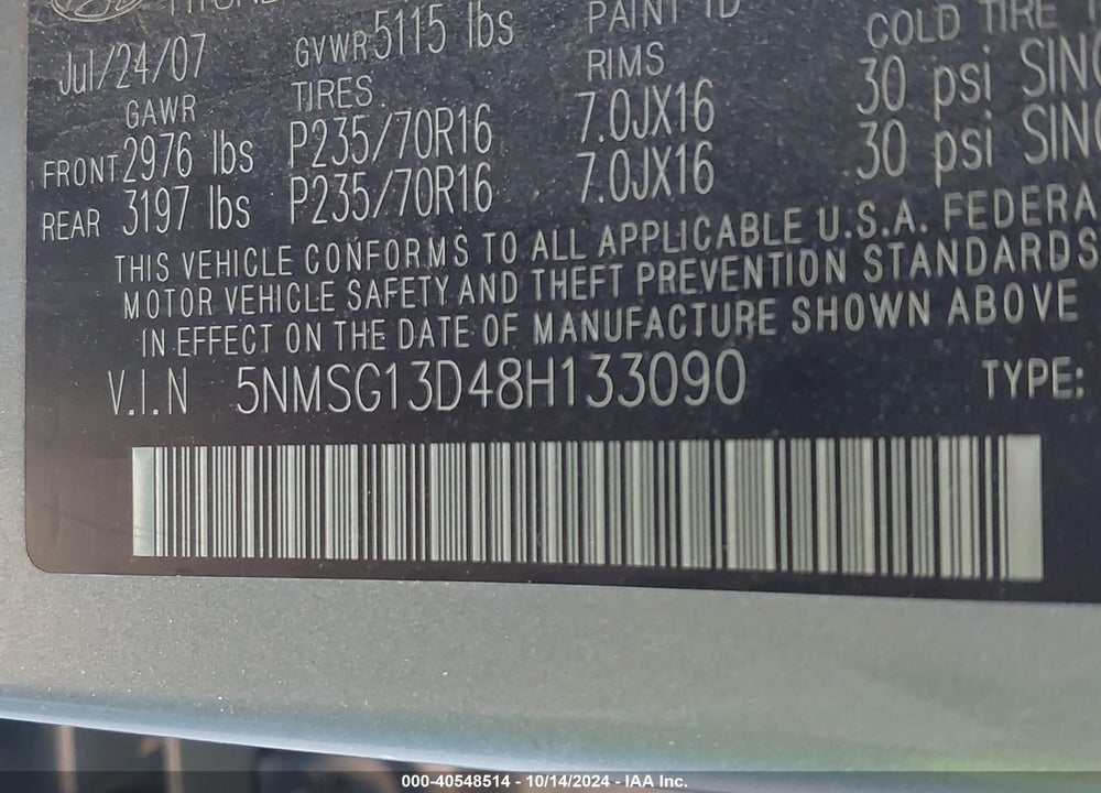 2008 HYUNDAI SANTA FE GLS VIN: 5NMSG13D48H133090
