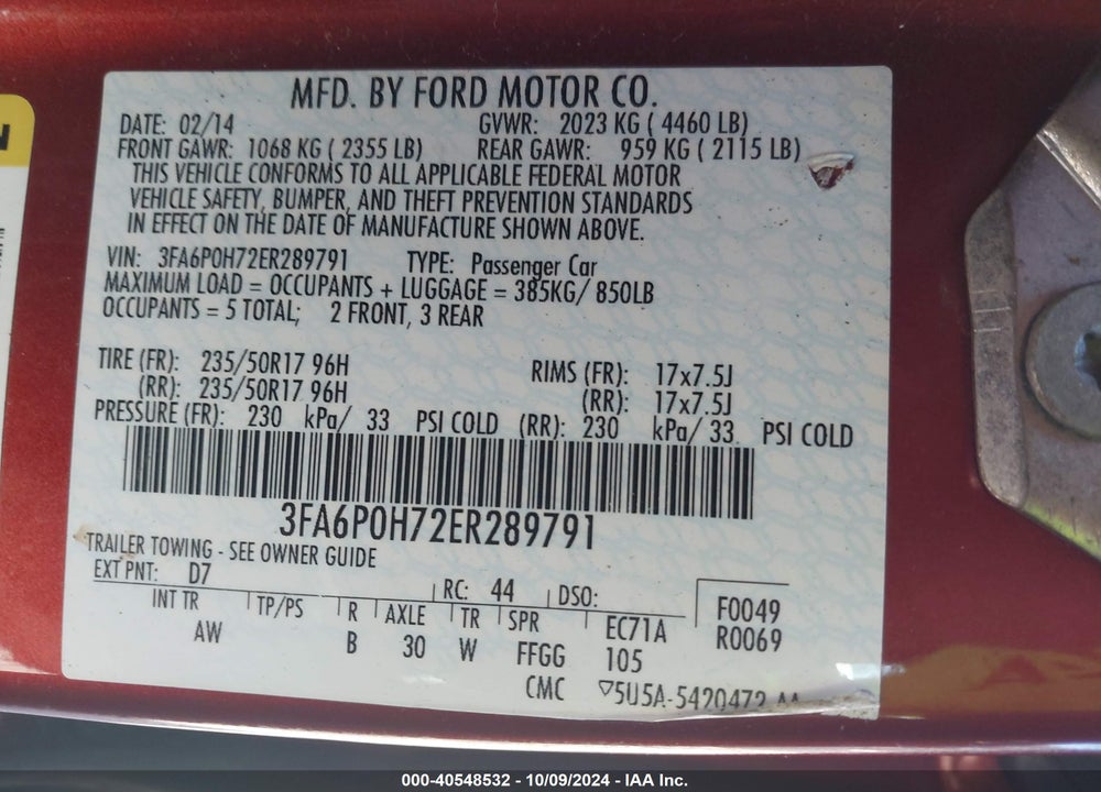 2014 FORD FUSION SE VIN: 3FA6P0H72ER289791