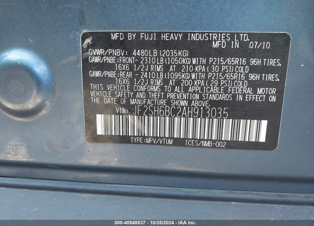 2010 SUBARU FORESTER 2.5X VIN: JF2SH6BC2AH913035