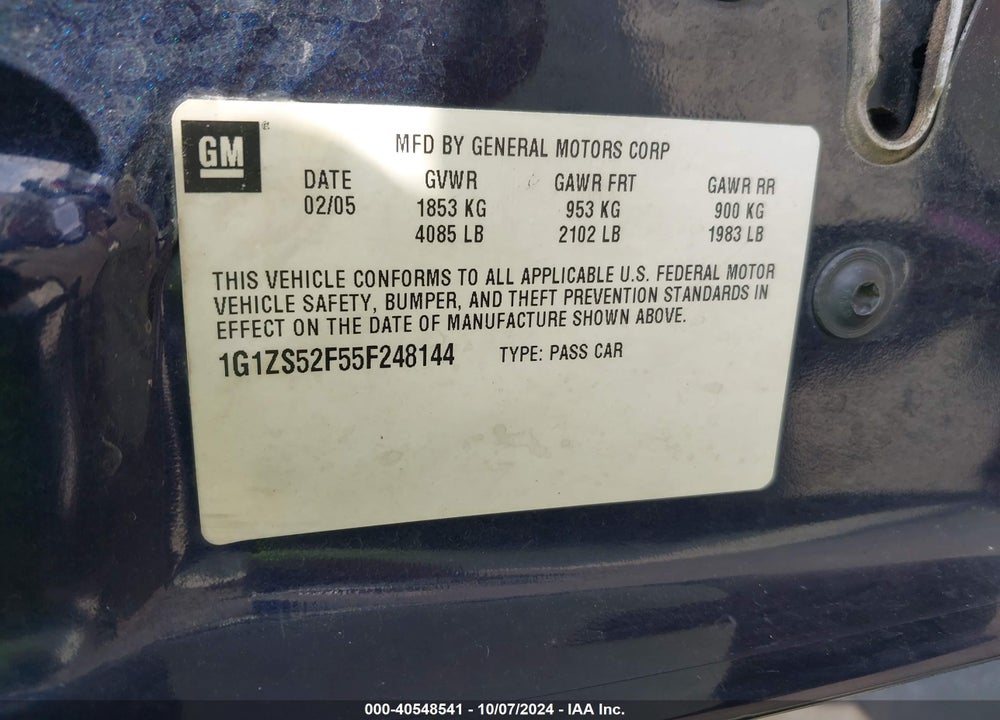 2005 CHEVROLET MALIBU VIN: 1G1ZS52F55F248144