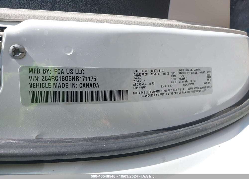 2022 CHRYSLER PACIFICA TOURING L VIN: 2C4RC1BG5NR171175