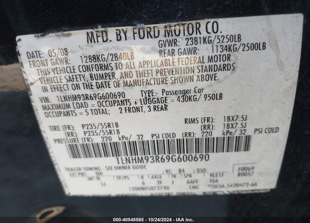 2009 LINCOLN MKS VIN: 1LNHM93R69G600690