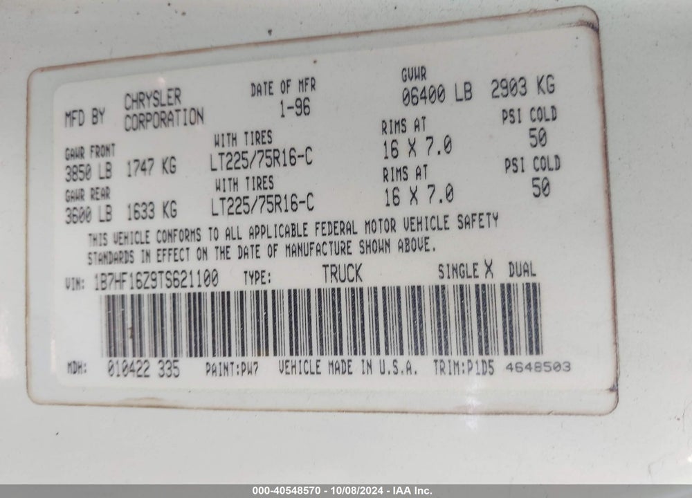 1996 DODGE RAM 1500 VIN: 1B7HF16Z9TS621100