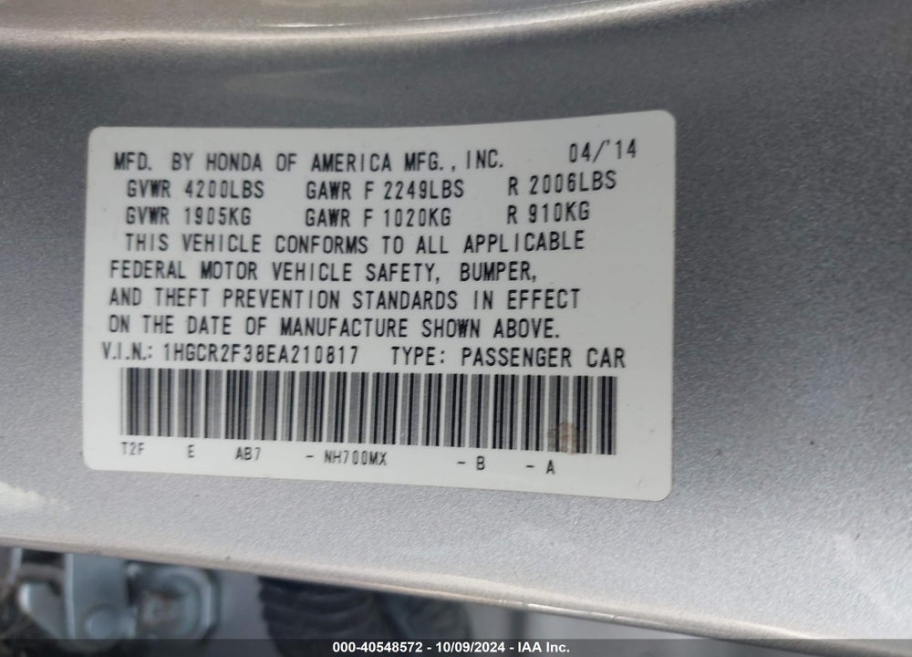2014 HONDA ACCORD LX VIN: 1HGCR2F38EA210817