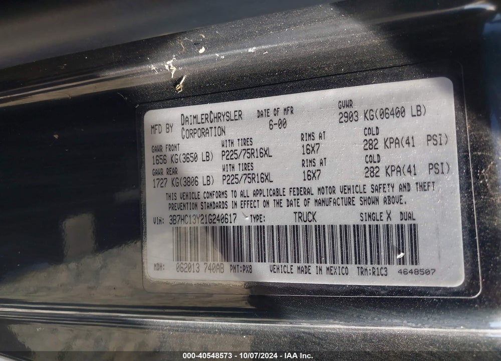 2001 DODGE RAM 1500 ST VIN: 3B7HC13Y21G240617